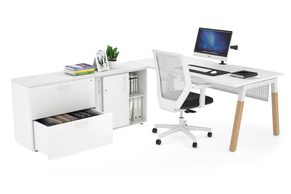 Quadro A Legs Executive Setting - Wood Legs White Cross Beam [1600L x 800W with Cable Scallop]-white white modesty 2 drawer lateral sliding door credenza