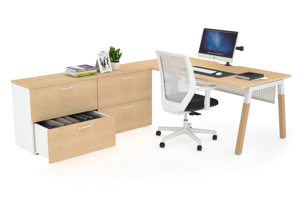Quadro A Legs Executive Setting - Wood Legs White Cross Beam [1600L x 800W with Cable Scallop]-maple white modesty 4 drawer lateral filing cabinet