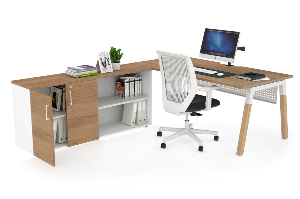 Quadro A Legs Executive Setting - Wood Legs White Cross Beam [1600L x 800W with Cable Scallop]-salvage oak white modesty 2 door open storage cabinet