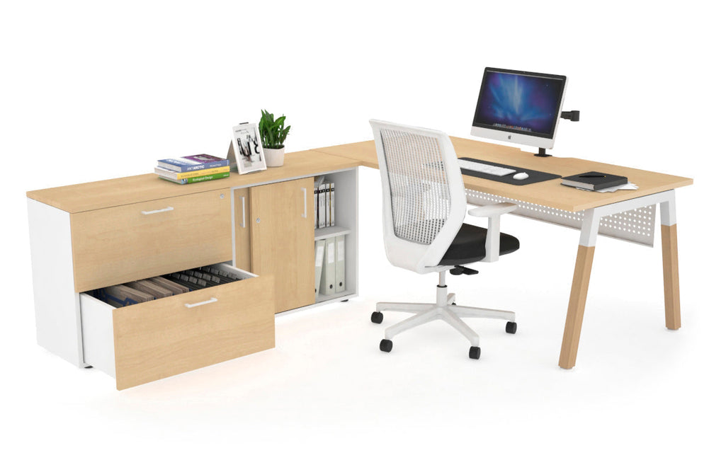 Quadro A Legs Executive Setting - Wood Legs White Cross Beam [1600L x 800W with Cable Scallop]-maple white modesty 2 drawer lateral sliding door credenza