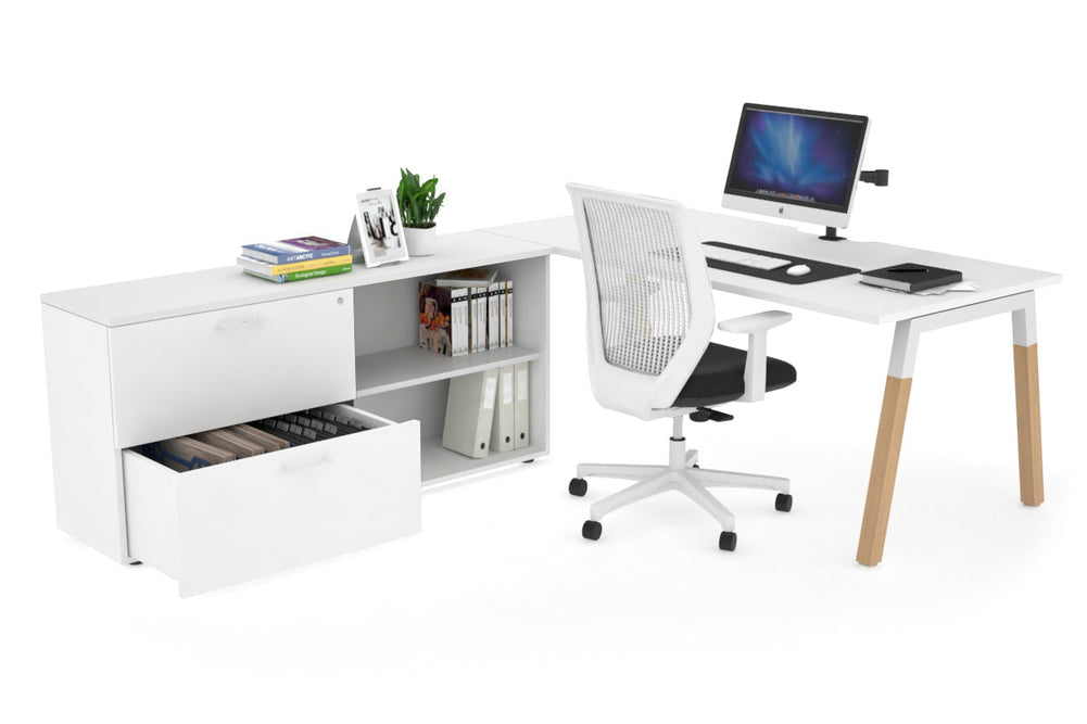 Quadro A Legs Executive Setting - Wood Legs White Cross Beam [1600L x 800W with Cable Scallop]-white none 2 drawer open filing cabinet