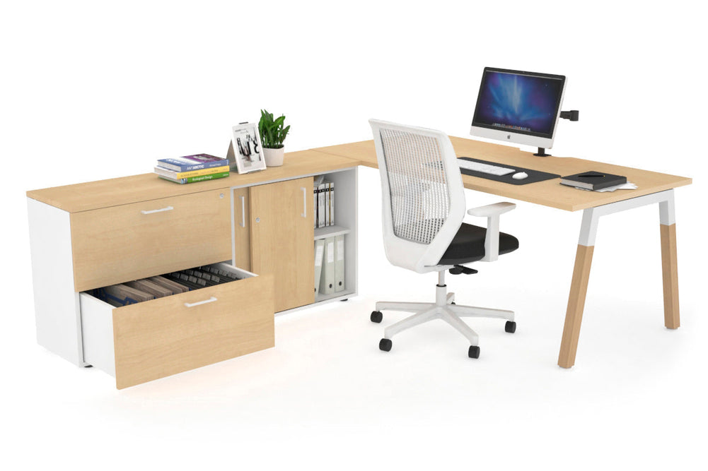 Quadro A Legs Executive Setting - Wood Legs White Cross Beam [1600L x 800W with Cable Scallop]-maple none 2 drawer lateral sliding door credenza