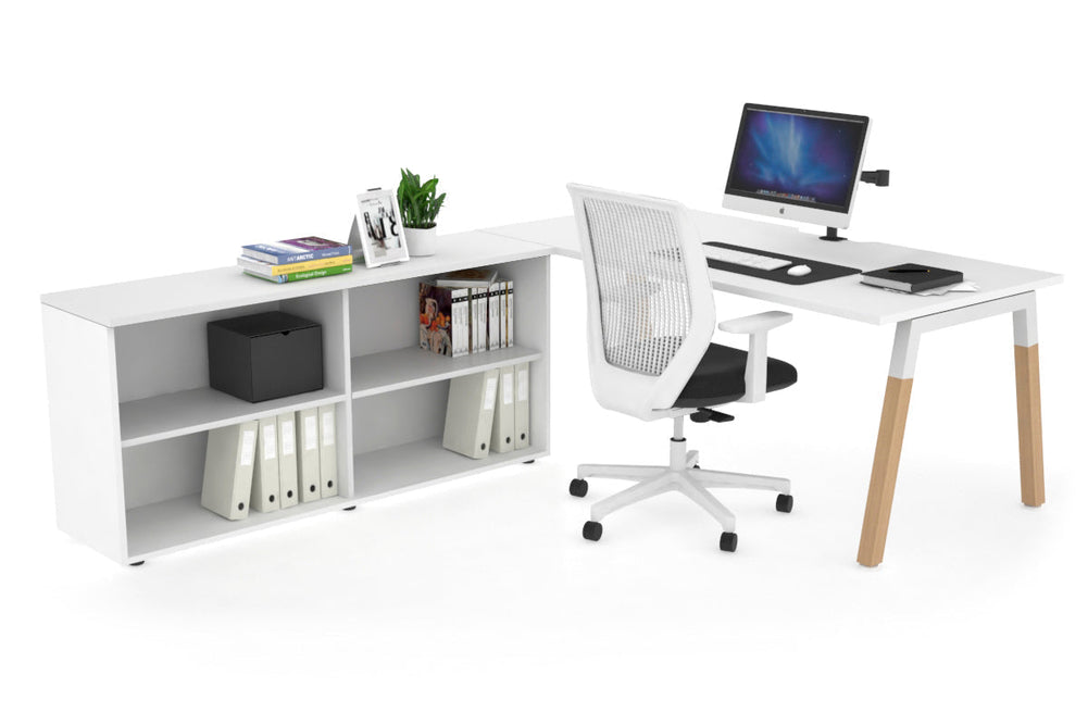 Quadro A Legs Executive Setting - Wood Legs White Cross Beam [1600L x 800W with Cable Scallop]-white none open bookcase