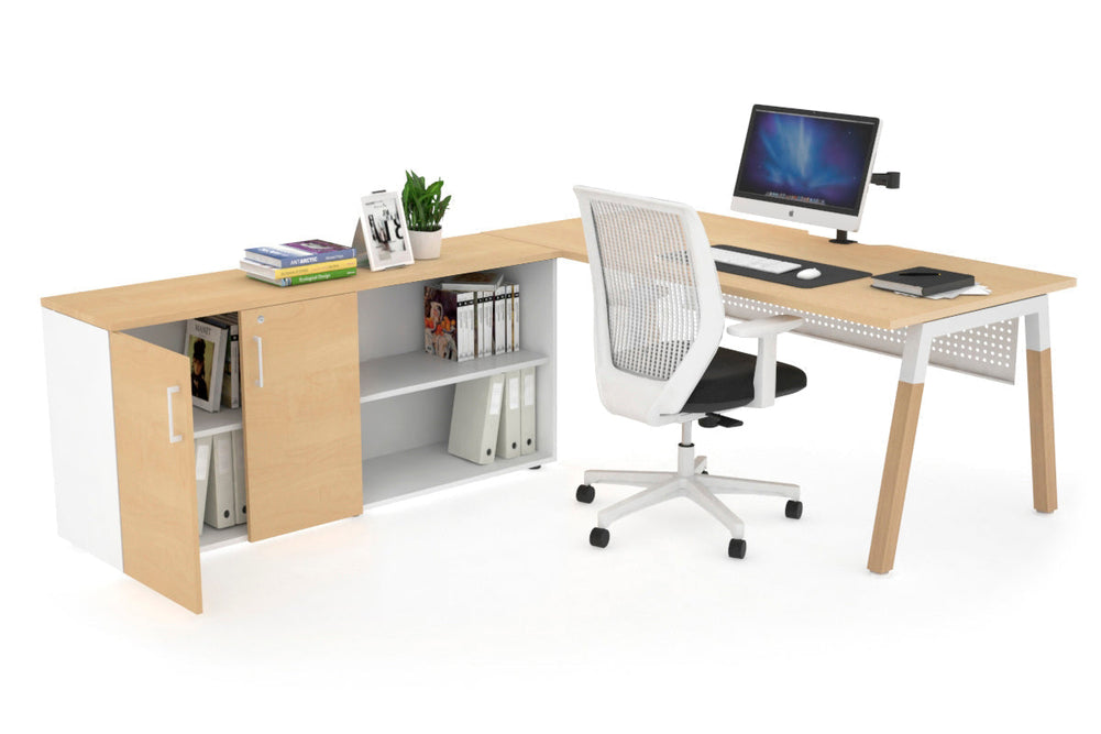 Quadro A Legs Executive Setting - Wood Legs White Cross Beam [1600L x 800W with Cable Scallop]-maple white modesty 2 door open storage cabinet