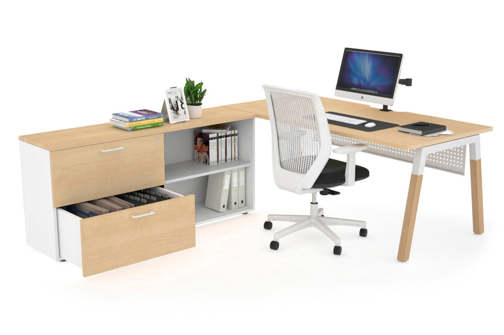 Quadro A Legs Executive Setting - Wood Legs White Cross Beam [1600L x 800W with Cable Scallop]-maple white modesty 2 drawer open filing cabinet