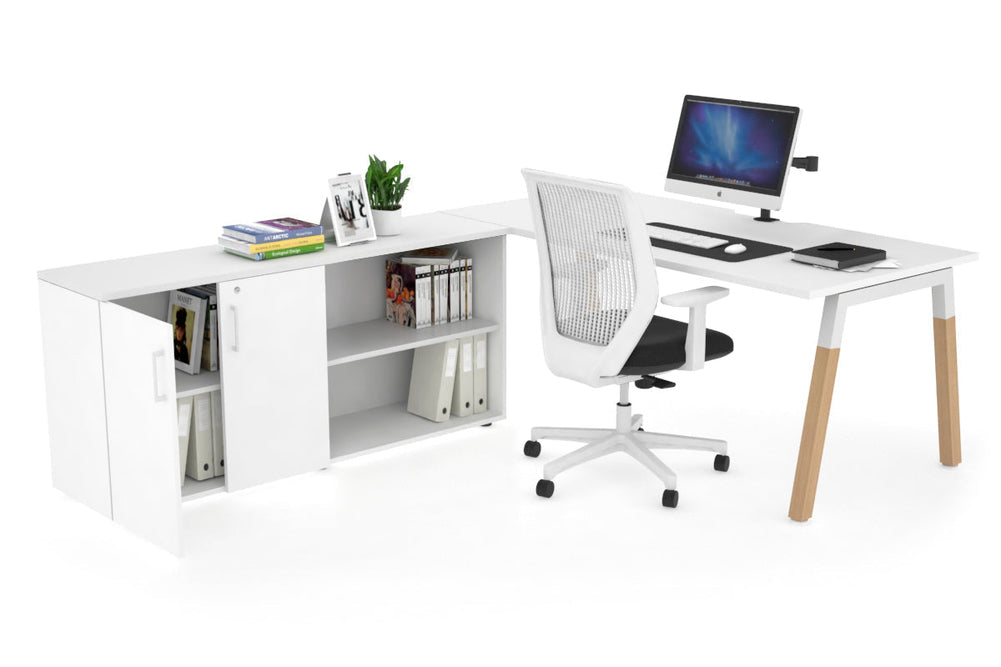 Quadro A Legs Executive Setting - Wood Legs White Cross Beam [1600L x 800W with Cable Scallop]-white none 2 door open storage cabinet