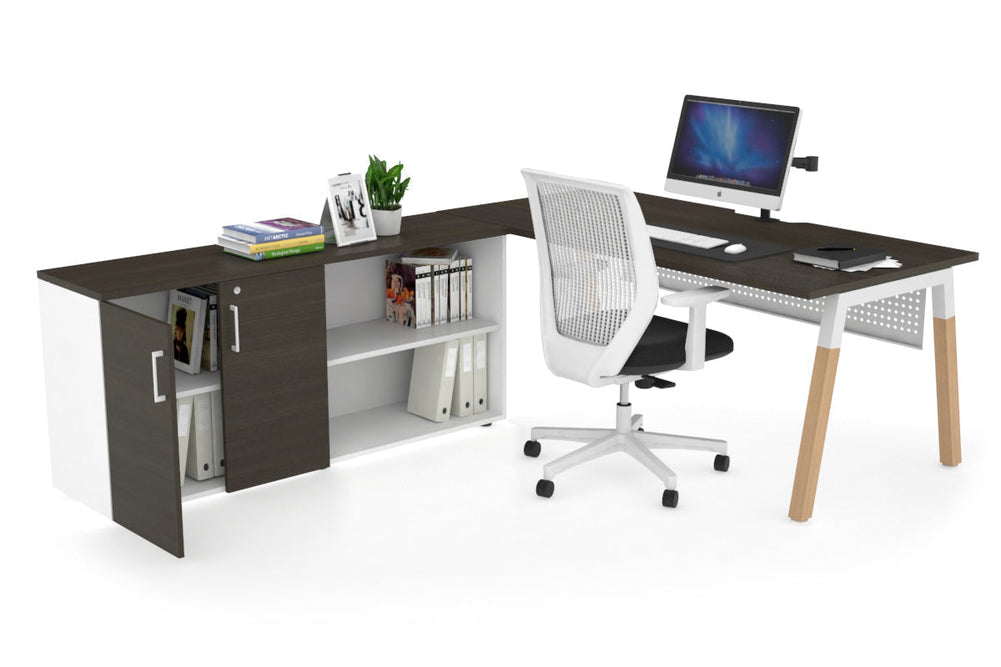 Quadro A Legs Executive Setting - Wood Legs White Cross Beam [1600L x 800W with Cable Scallop]-dark oak white modesty 2 door open storage cabinet