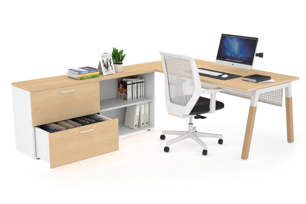 Quadro A Legs Executive Setting - Wood Legs White Cross Beam [1800L x 700W]-maple white modesty 2 drawer open filing cabinet