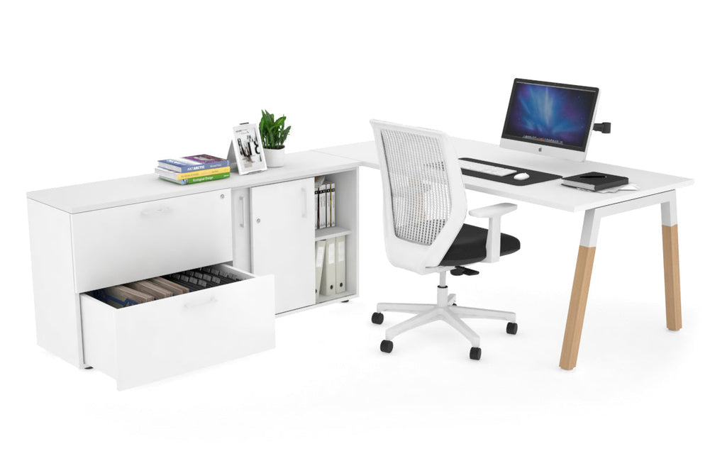 Quadro A Legs Executive Setting - Wood Legs White Cross Beam [1800L x 700W]-white none 2 drawer lateral sliding door credenza