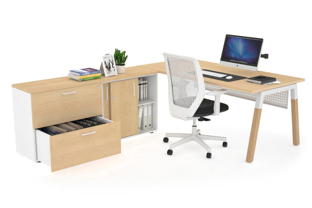 Quadro A Legs Executive Setting - Wood Legs White Cross Beam [1800L x 700W]-maple white modesty 2 drawer lateral sliding door credenza