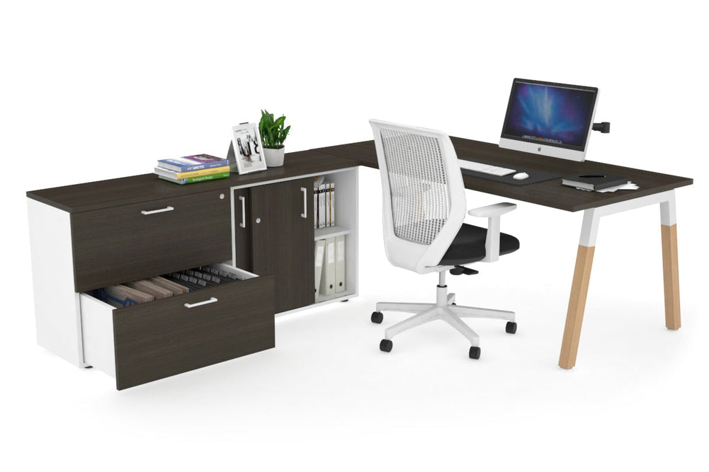 Quadro A Legs Executive Setting - Wood Legs White Cross Beam [1800L x 700W]-dark oak none 2 drawer lateral sliding door credenza