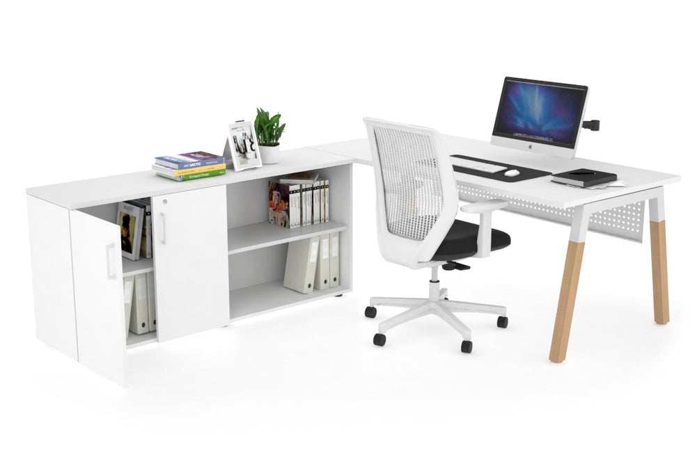 Quadro A Legs Executive Setting - Wood Legs White Cross Beam [1800L x 700W]-white white modesty 2 door open storage cabinet