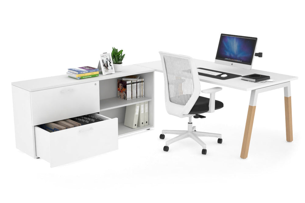 Quadro A Legs Executive Setting - Wood Legs White Cross Beam [1800L x 700W]-white none 2 drawer open filing cabinet