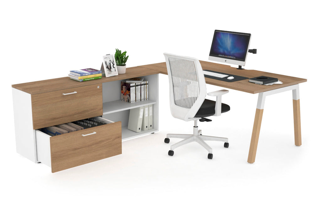 Quadro A Legs Executive Setting - Wood Legs White Cross Beam [1800L x 800W with Cable Scallop]-salvage oak none 2 drawer open filing cabinet