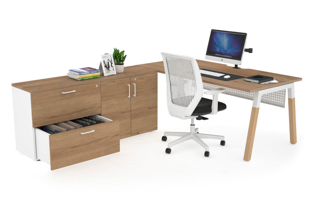 Quadro A Legs Executive Setting - Wood Legs White Cross Beam [1800L x 800W with Cable Scallop]-salvage oak white modesty 2 drawer 2 door filing cabinet