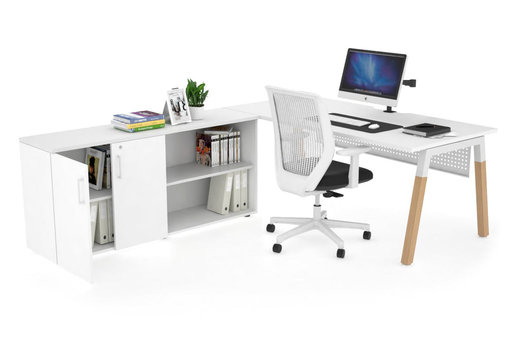 Quadro A Legs Executive Setting - Wood Legs White Cross Beam [1800L x 800W with Cable Scallop]-white white modesty 2 door open storage cabinet