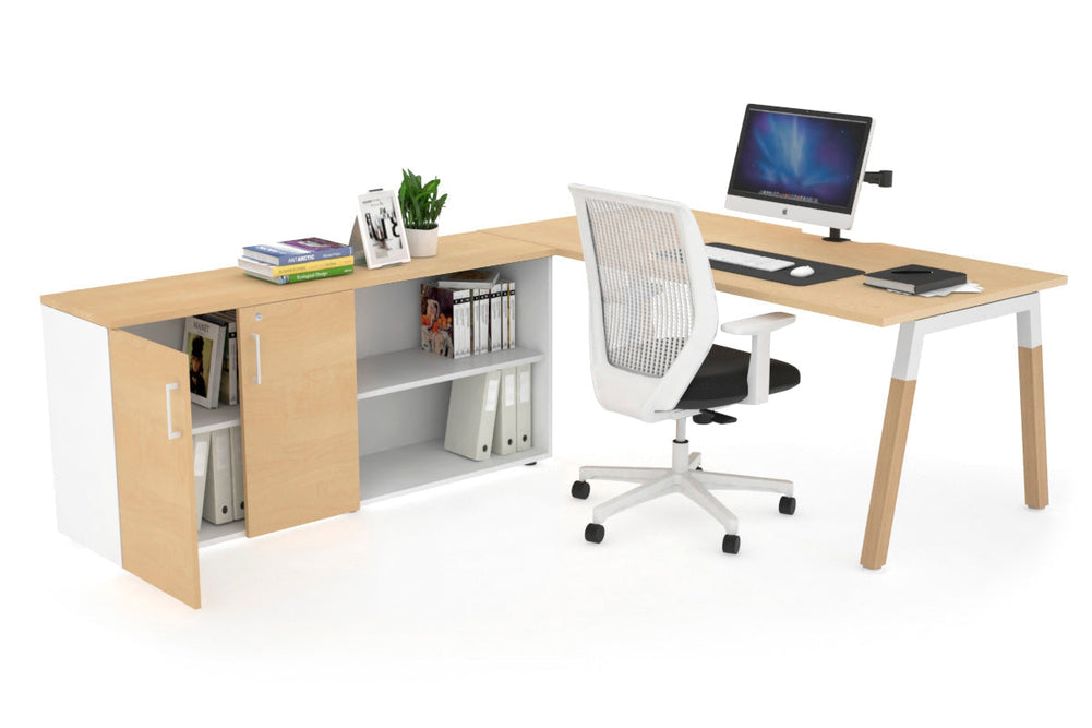 Quadro A Legs Executive Setting - Wood Legs White Cross Beam [1800L x 800W with Cable Scallop]-maple none 2 door open storage cabinet