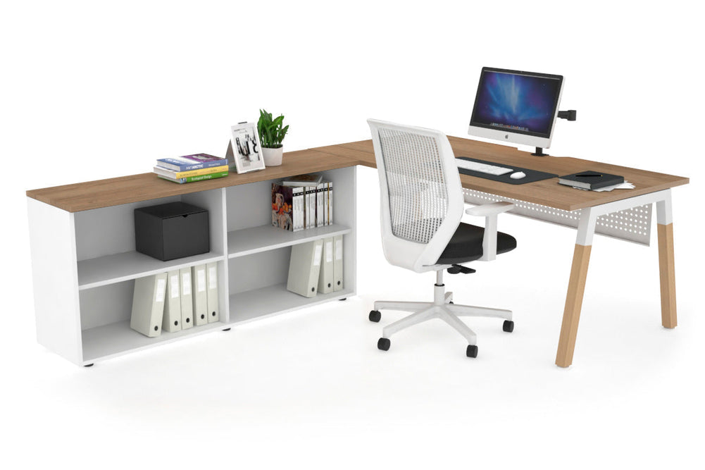 Quadro A Legs Executive Setting - Wood Legs White Cross Beam [1800L x 800W with Cable Scallop]-salvage oak white modesty open bookcase