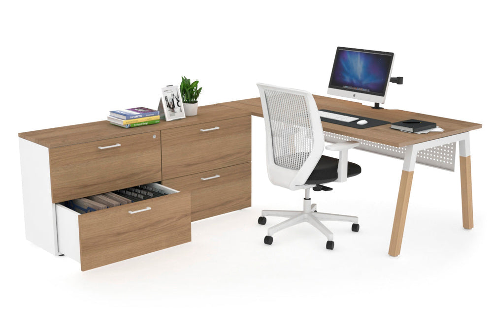 Quadro A Legs Executive Setting - Wood Legs White Cross Beam [1800L x 800W with Cable Scallop]-salvage oak white modesty 4 drawer lateral filing cabinet