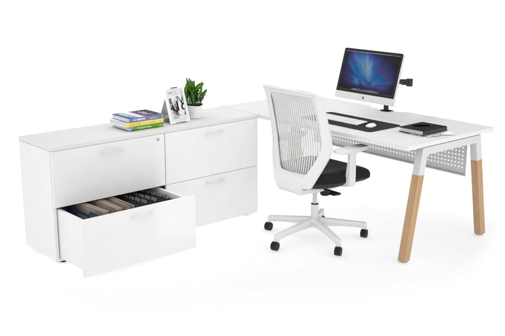 Quadro A Legs Executive Setting - Wood Legs White Cross Beam [1800L x 800W with Cable Scallop]-white white modesty 4 drawer lateral filing cabinet