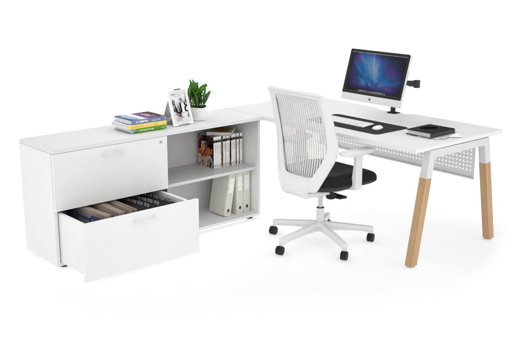 Quadro A Legs Executive Setting - Wood Legs White Cross Beam [1800L x 800W with Cable Scallop]-white white modesty 2 drawer open filing cabinet