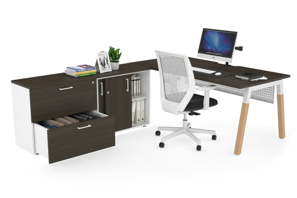 Quadro A Legs Executive Setting - Wood Legs White Cross Beam [1800L x 800W with Cable Scallop]-dark oak white modesty 2 drawer lateral sliding door credenza