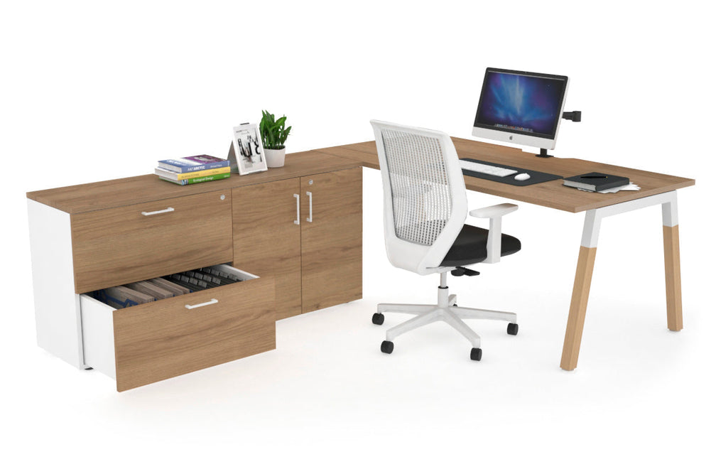 Quadro A Legs Executive Setting - Wood Legs White Cross Beam [1800L x 800W with Cable Scallop]-salvage oak none 2 drawer 2 door filing cabinet