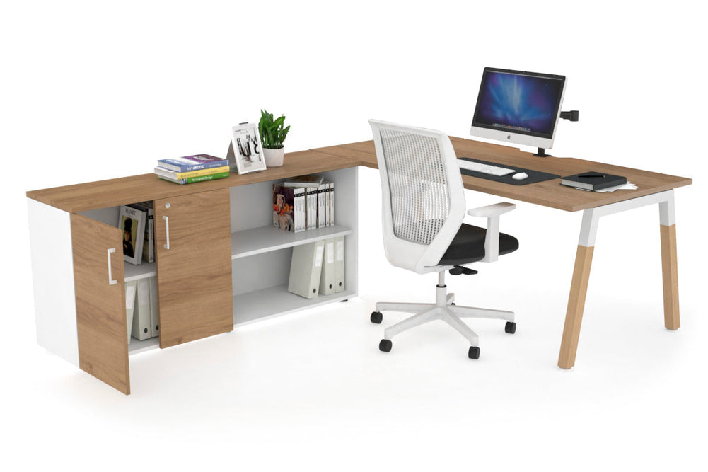 Quadro A Legs Executive Setting - Wood Legs White Cross Beam [1800L x 800W with Cable Scallop]-salvage oak none 2 door open storage cabinet