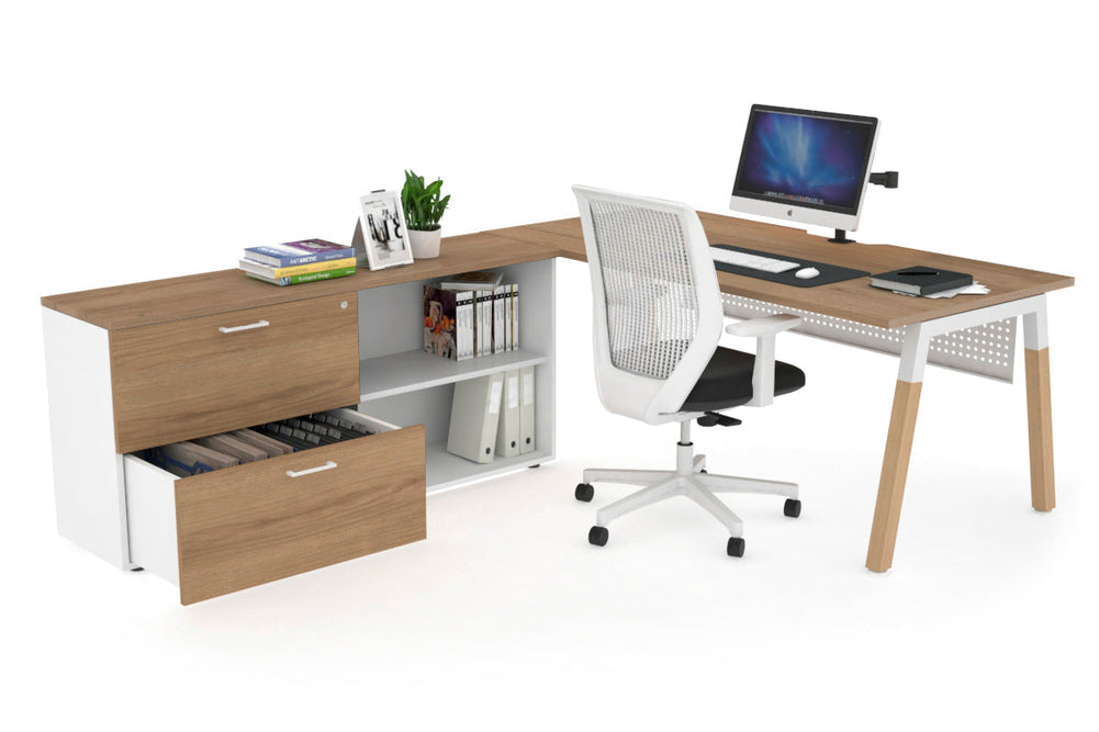 Quadro A Legs Executive Setting - Wood Legs White Cross Beam [1800L x 800W with Cable Scallop]-salvage oak white modesty 2 drawer open filing cabinet