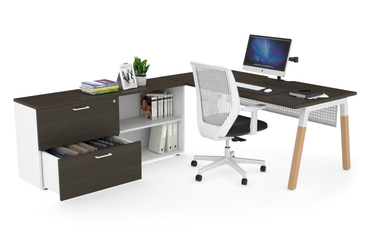 Quadro A Legs Executive Setting - Wood Legs White Cross Beam [1800L x 800W with Cable Scallop]-dark oak white modesty 2 drawer open filing cabinet