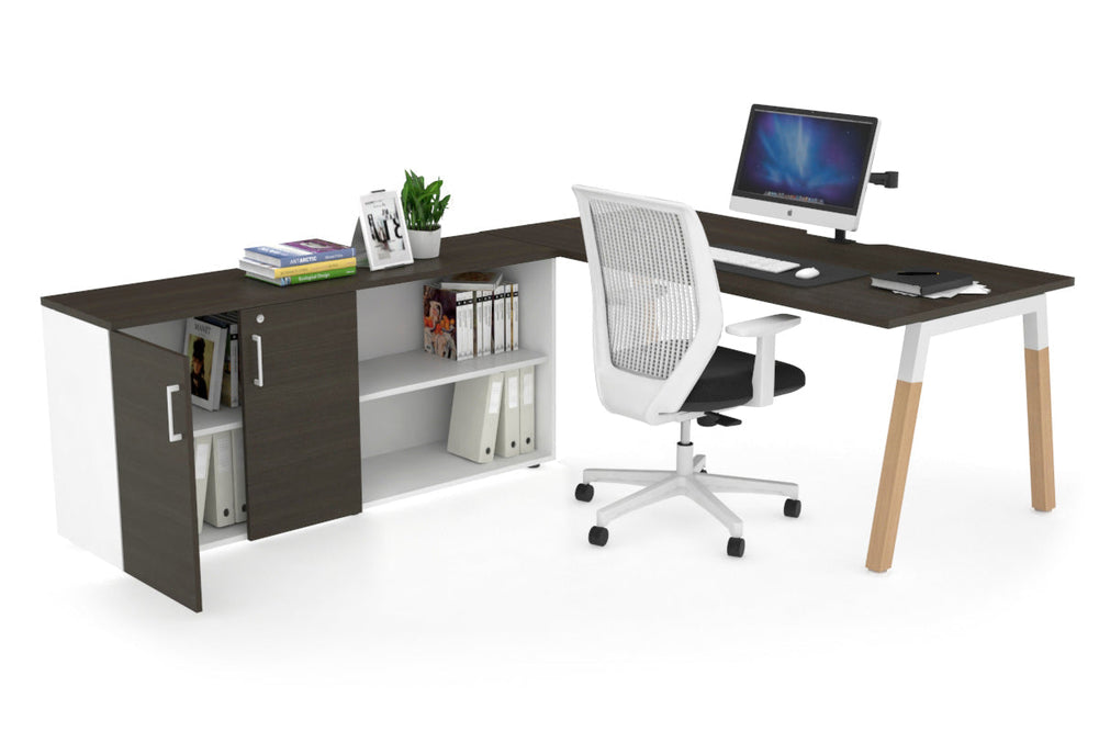 Quadro A Legs Executive Setting - Wood Legs White Cross Beam [1800L x 800W with Cable Scallop]-dark oak none 2 door open storage cabinet