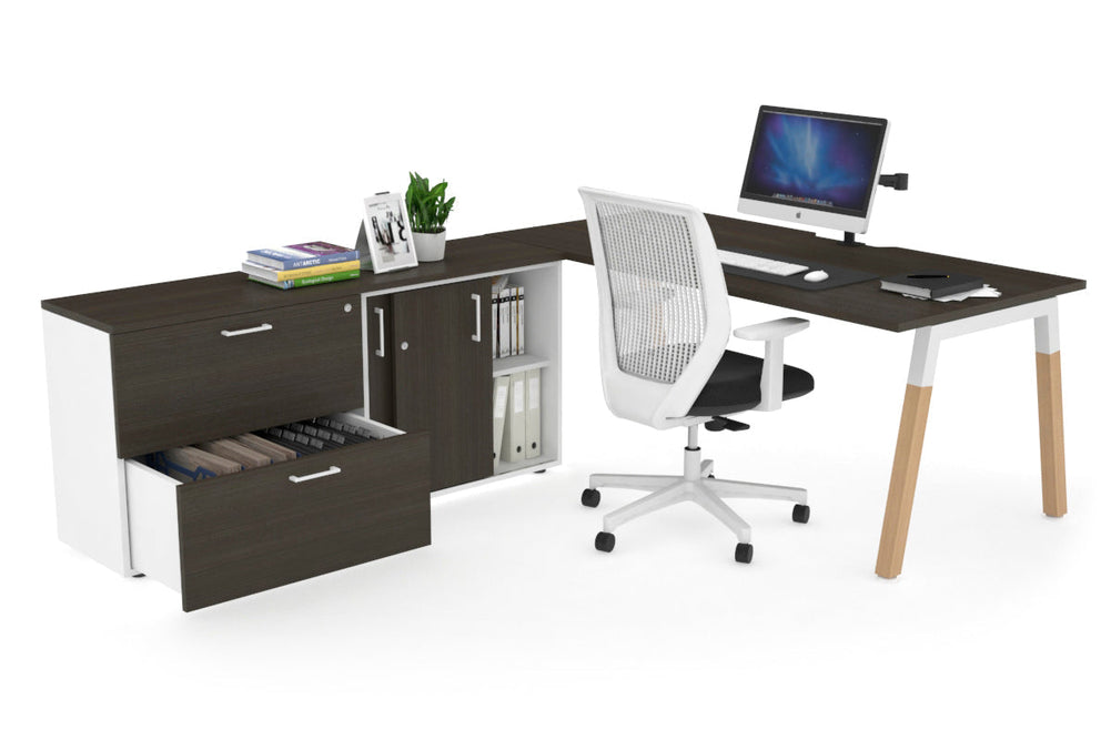 Quadro A Legs Executive Setting - Wood Legs White Cross Beam [1800L x 800W with Cable Scallop]-dark oak none 2 drawer lateral sliding door credenza