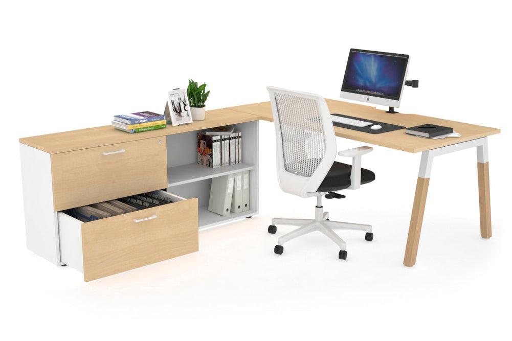 Quadro A Legs Executive Setting - Wood Legs White Cross Beam [1800L x 800W with Cable Scallop]-maple none 2 drawer open filing cabinet