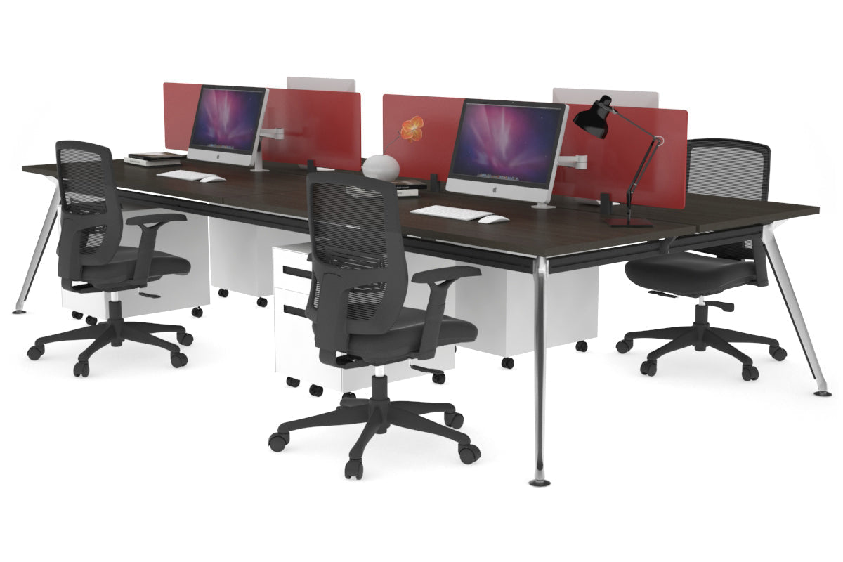 San Fran - 4 Person Office Workstation Desk Chrome Leg [1200L x 700W] Jasonl dark oak red perspex (400H x 800W) 