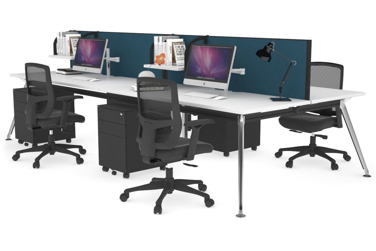 San Fran - 4 Person Office Workstation Desk Chrome Leg [1400L x 800W with Cable Scallop] Jasonl white deep blue (500H x 1400W) 