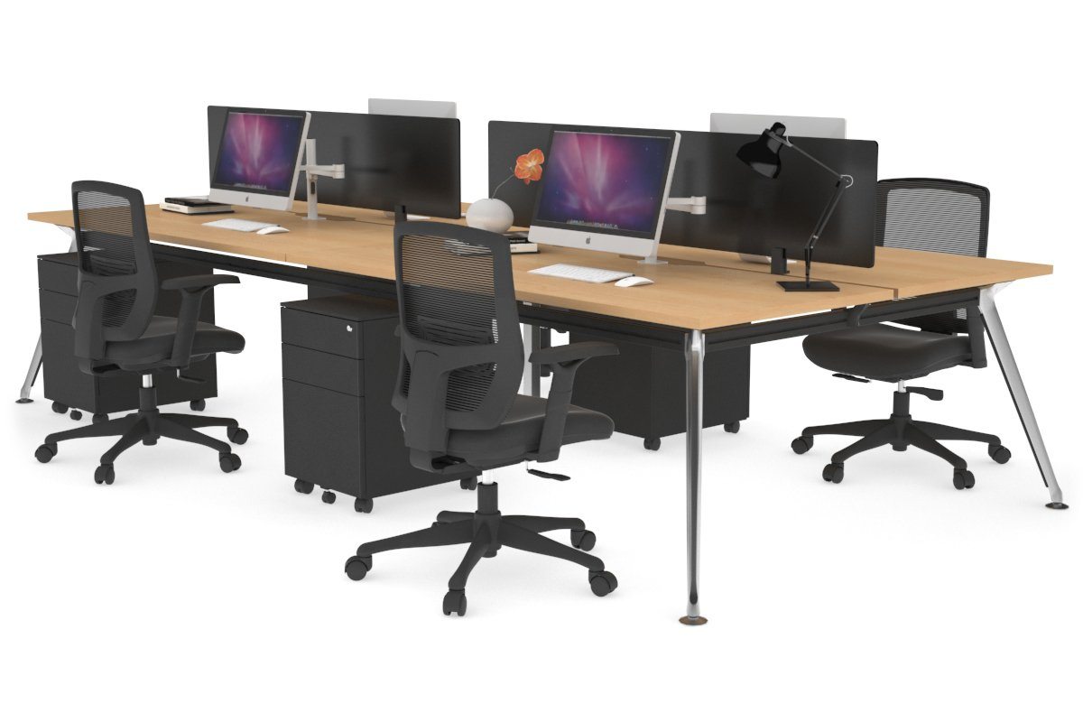 San Fran - 4 Person Office Workstation Desk Chrome Leg [1400L x 800W with Cable Scallop] Jasonl maple black perspex (400H x 800W) 