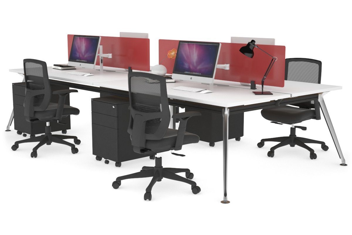 San Fran - 4 Person Office Workstation Desk Chrome Leg [1400L x 800W with Cable Scallop] Jasonl white red perspex (400H x 800W) 