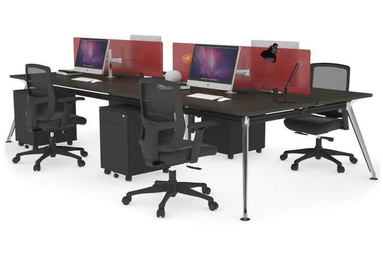 San Fran - 4 Person Office Workstation Desk Chrome Leg [1400L x 800W with Cable Scallop] Jasonl dark oak red perspex (400H x 800W) 