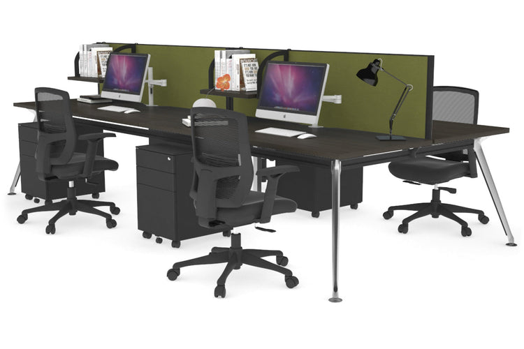 San Fran - 4 Person Office Workstation Desk Chrome Leg [1400L x 800W with Cable Scallop] Jasonl dark oak green moss (500H x 1400W) 