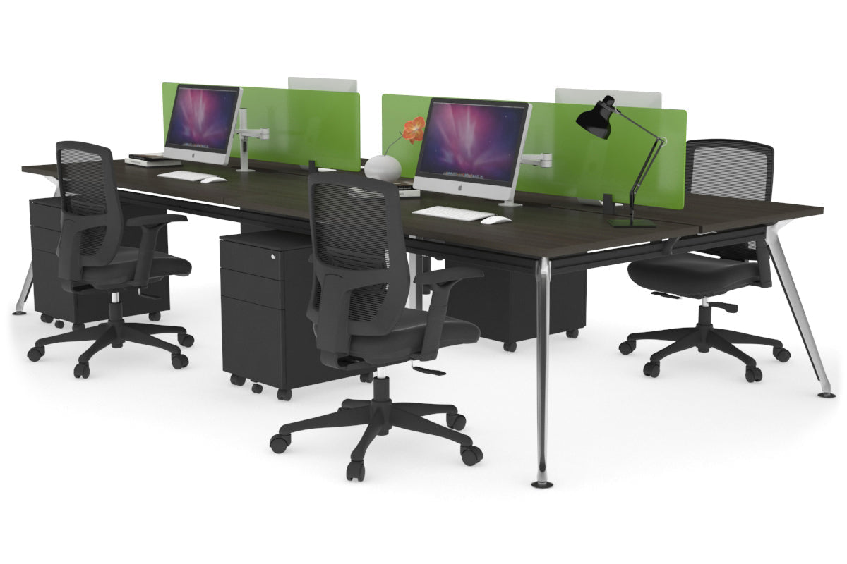 San Fran - 4 Person Office Workstation Desk Chrome Leg [1400L x 800W with Cable Scallop] Jasonl dark oak green perspex (400H x 800W) 