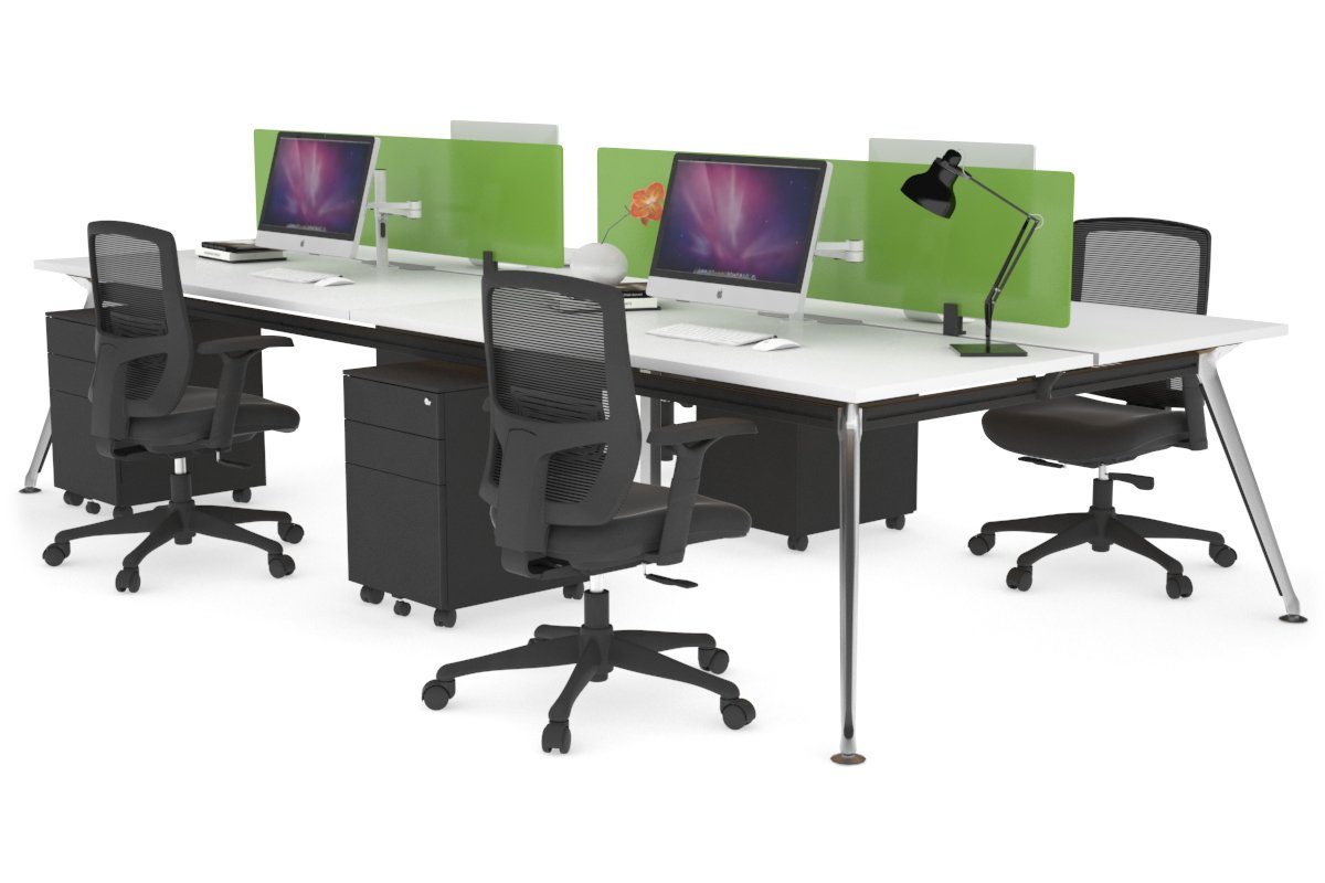 San Fran - 4 Person Office Workstation Desk Chrome Leg [1400L x 800W with Cable Scallop] Jasonl white green perspex (400H x 800W) 