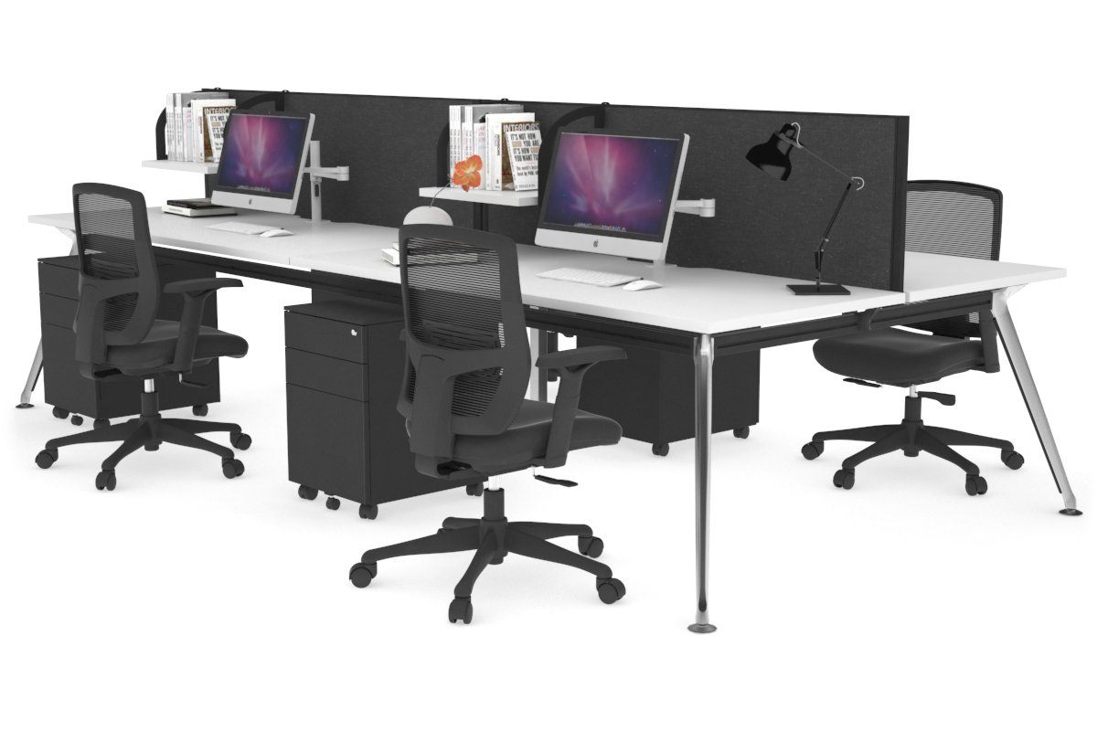 San Fran - 4 Person Office Workstation Desk Chrome Leg [1400L x 800W with Cable Scallop] Jasonl white moody charcoal (500H x 1400W) 