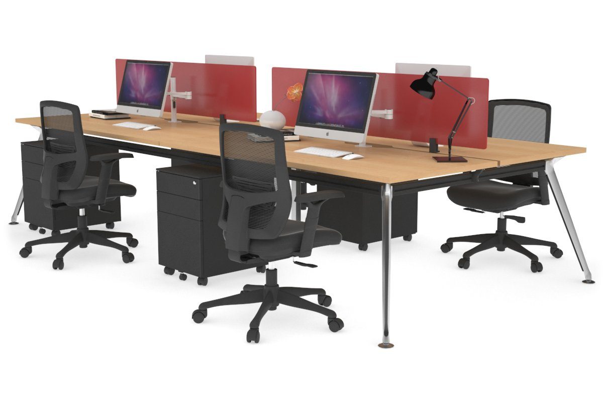 San Fran - 4 Person Office Workstation Desk Chrome Leg [1400L x 800W with Cable Scallop] Jasonl maple red perspex (400H x 800W) 