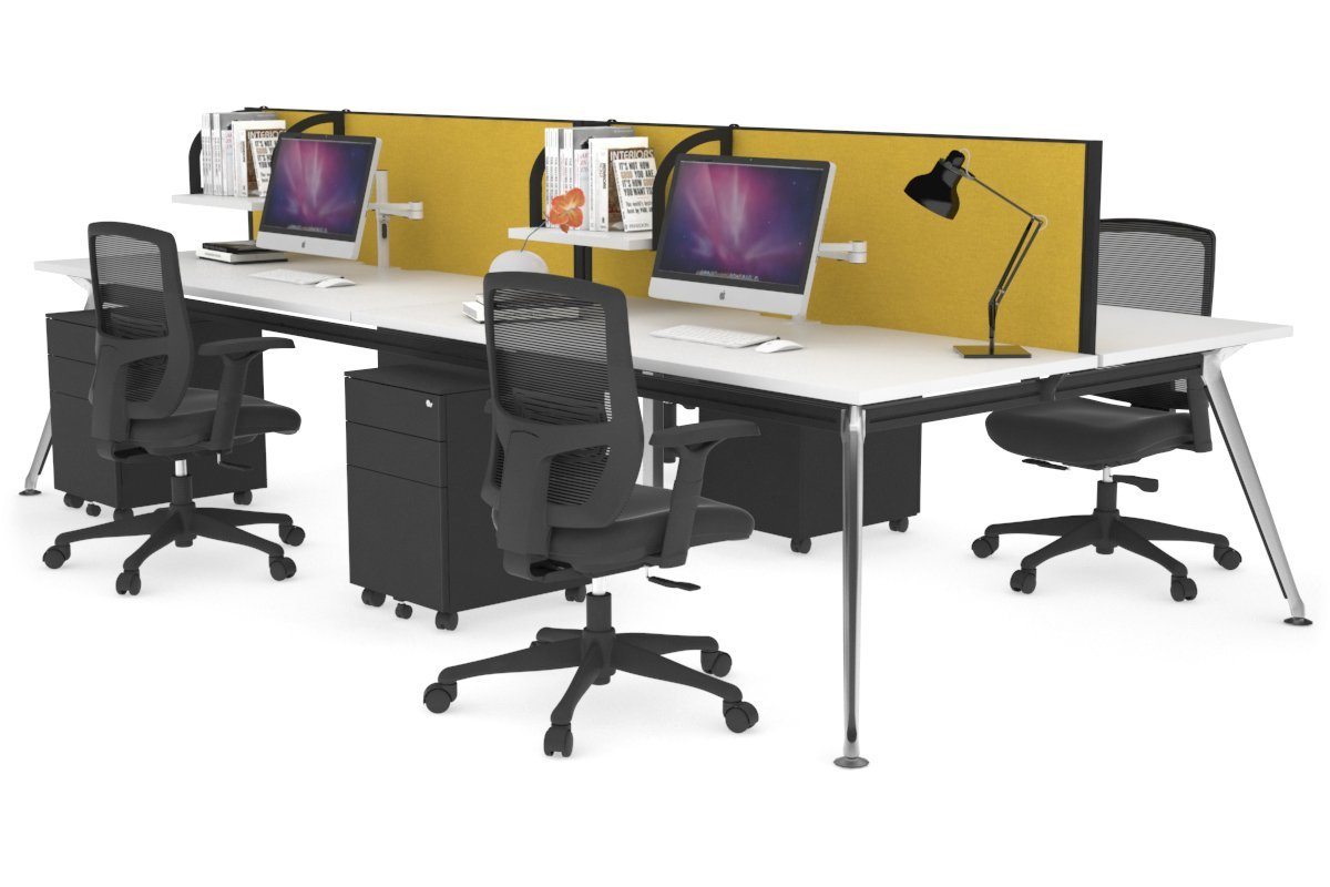 San Fran - 4 Person Office Workstation Desk Chrome Leg [1400L x 800W with Cable Scallop] Jasonl white mustard yellow (500H x 1400W) 