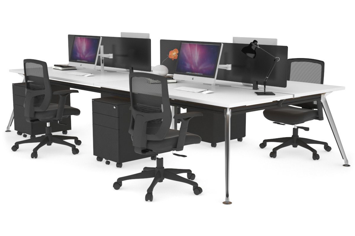 San Fran - 4 Person Office Workstation Desk Chrome Leg [1600L x 800W with Cable Scallop] Jasonl white black perspex (400H x 1500W) 