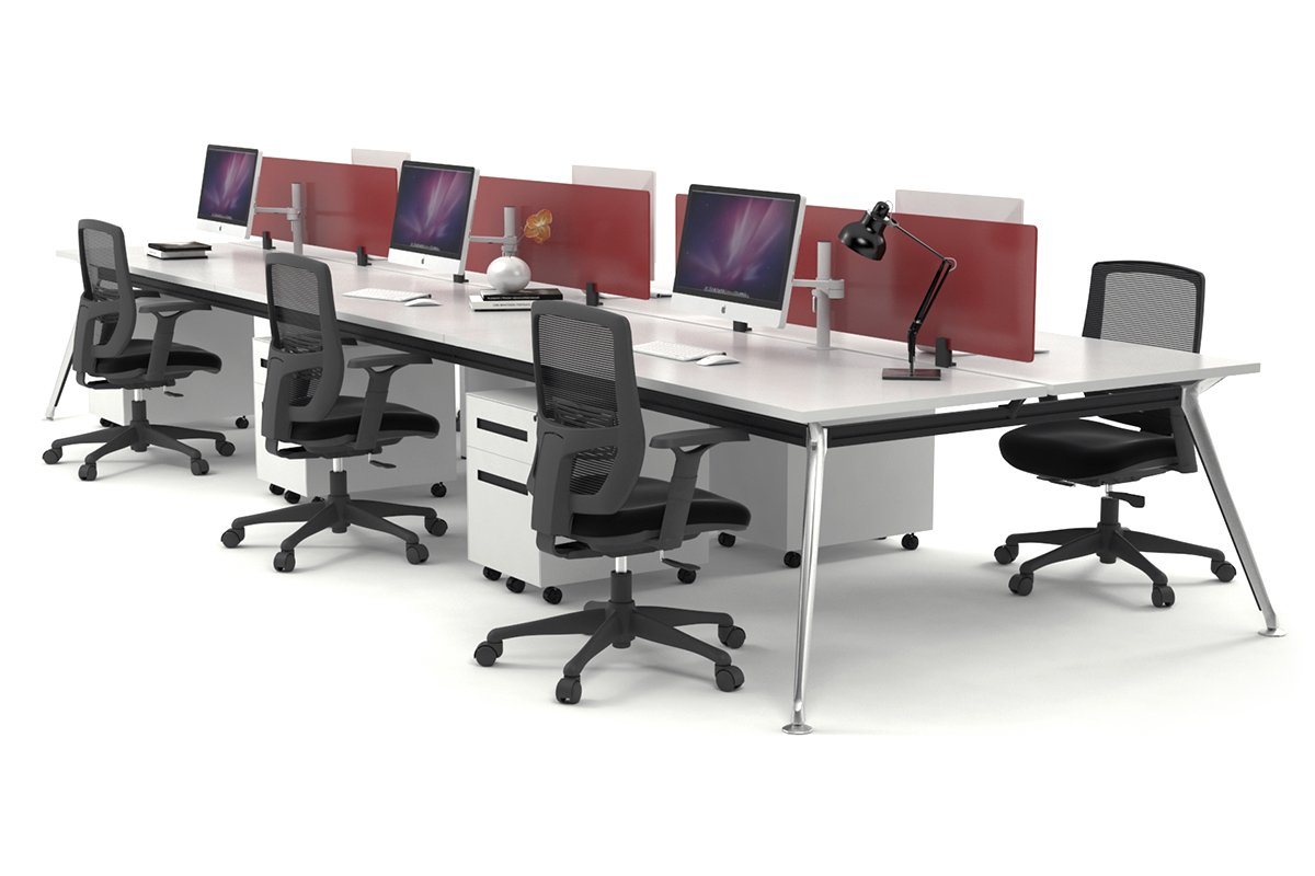 San Fran - 6 Person Office Workstation Bench Chrome Leg [1200L x 700W] Jasonl white red perspex (400H x 800W) 