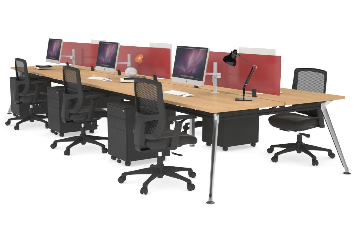 San Fran - 6 Person Office Workstation Bench Chrome Leg [1600L x 800W with Cable Scallop] Jasonl maple red perspex (400H x 1500W) 