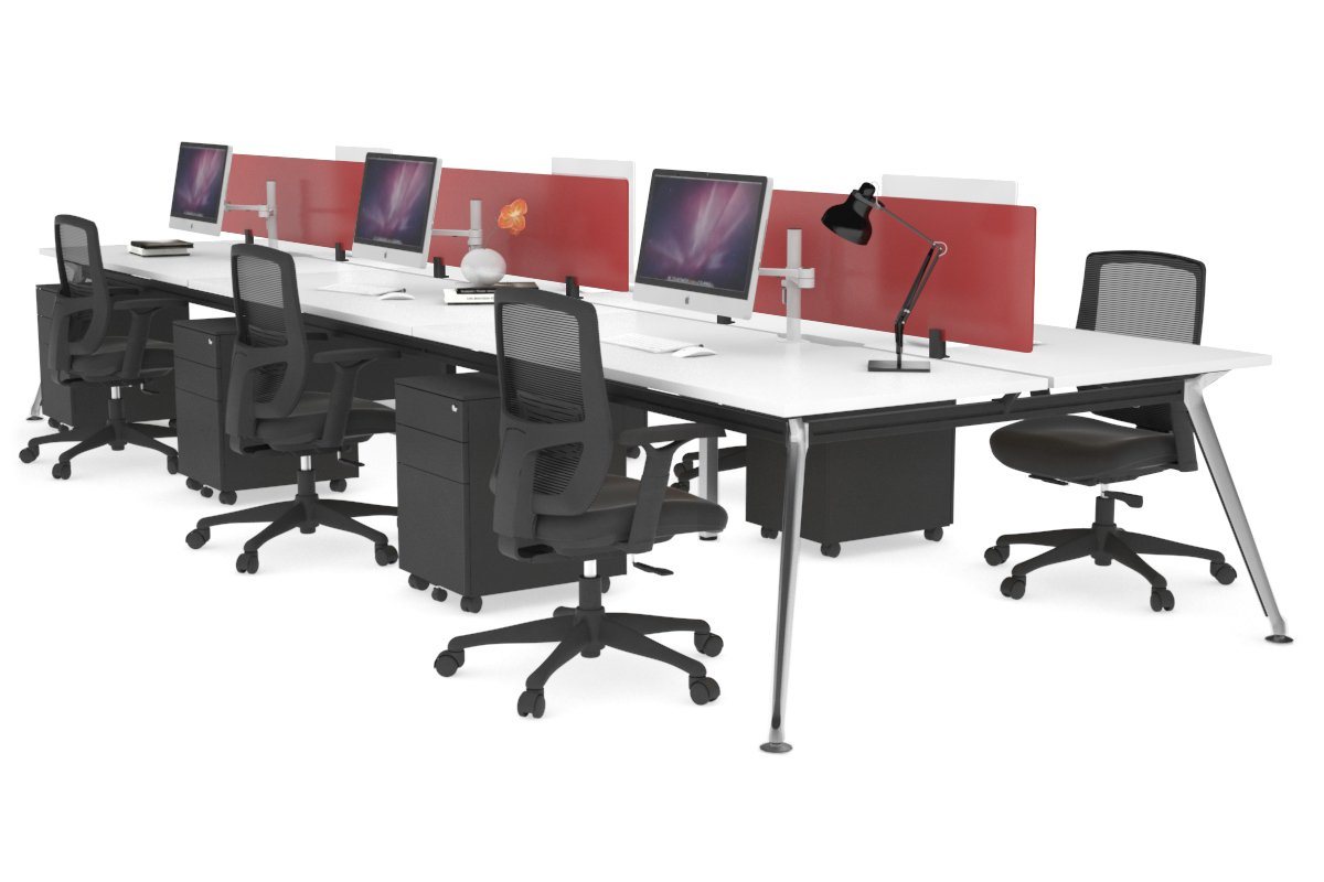 San Fran - 6 Person Office Workstation Bench Chrome Leg [1600L x 800W with Cable Scallop] Jasonl white red perspex (400H x 1500W) 