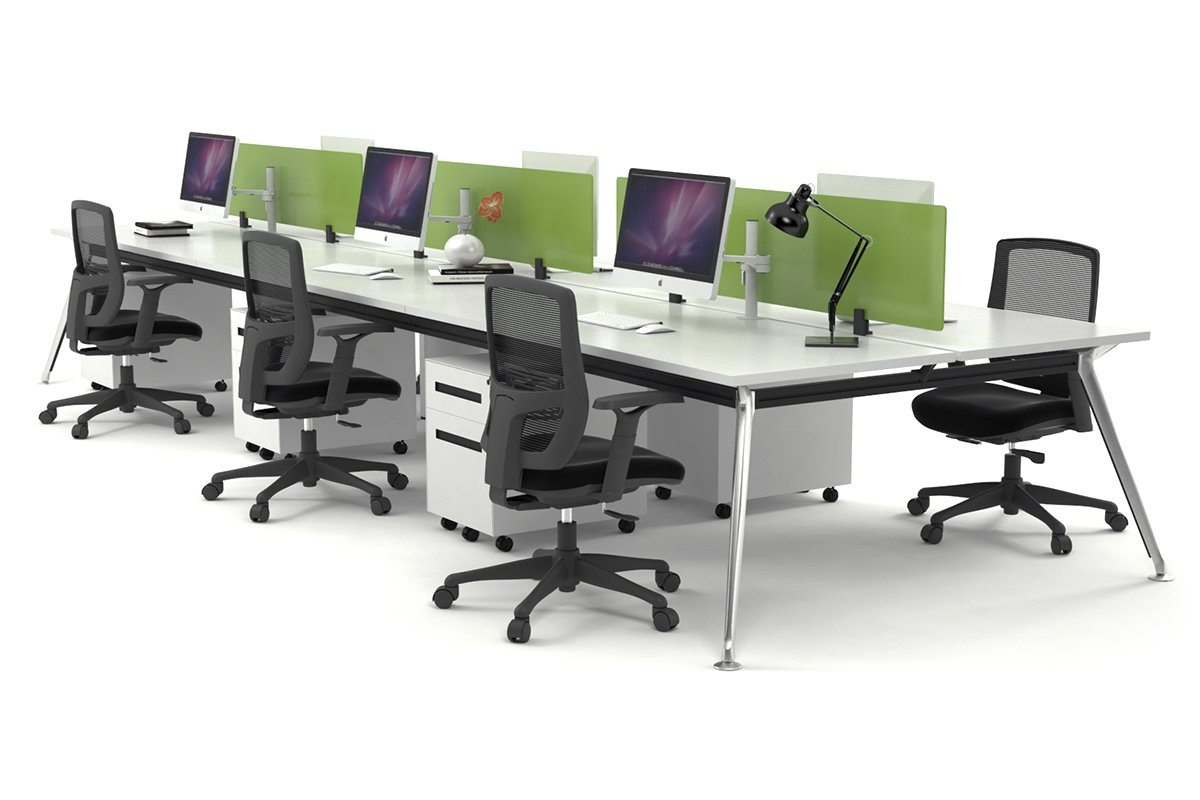 San Fran - 6 Person Office Workstation Bench Chrome Leg [1800L x 700W] Jasonl white green perspex (400H x 1500W) 