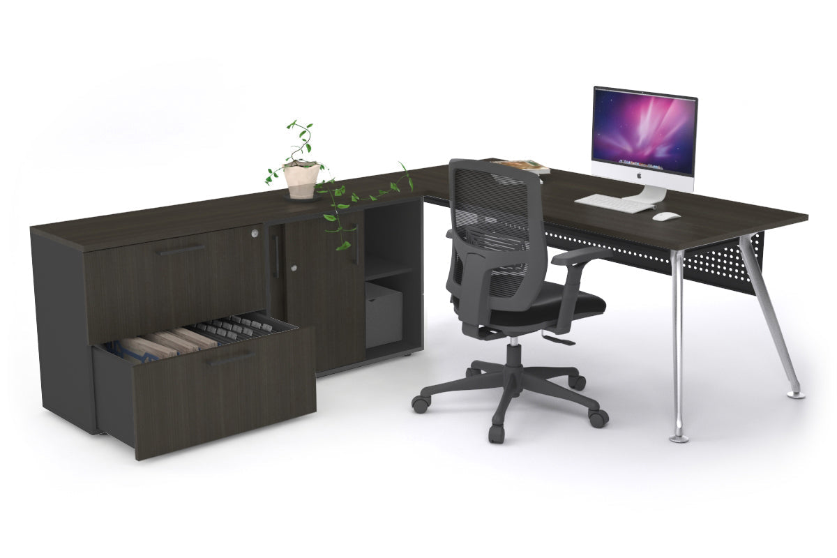 San Fran Executive Setting - Chrome Frame [1600L x 800W] Jasonl dark oak Black modesty 2 drawer lateral sliding door credenza